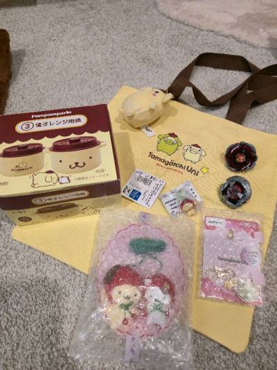 lots of tamogatchi and sanrio collabs and some beyblade x products. safely package and everything looks like in great condition 